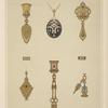 Eight designs for jewelry, including black pendant with diamonds