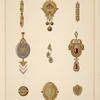 [Nine designs for jewelry, including gold brooch with green and red stones.]
