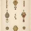 Nine designs for jewelry, including gold brooch with green and red stones