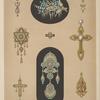 [Nine designs for jewelry, including two large pins with blue stones and diamonds.]