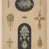 Nine designs for jewelry, including two large pins with blue stones and diamonds