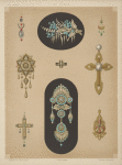 Nine designs for jewelry, including two large pins with blue stones and diamonds.