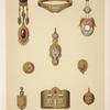 Nine designs for jewelry, including gold brooch with blue stones and diamonds set into pointed shapes