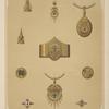 Ten designs for jewelry, including pointed gold bracelet with diamonds and red and green stones