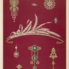 Nine designs for jewelry, including diamond tiara in shape of sheaf of wheat