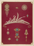 Nine designs for jewelry, including diamond tiara in shape of sheaf of wheat.