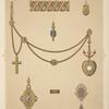 [Seven designs for jewelry, including heart-shaped pendant watch on gold anchor with gold chain and cross.]
