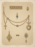 Seven designs for jewelry, including heart-shaped pendant watch on gold anchor with gold chain and cross.