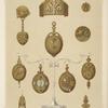 [Eleven designs for jewelry, including some gold brooches displayed on wrought silver stand.]