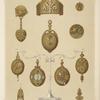 Eleven designs for jewelry, including some gold brooches displayed on wrought silver stand