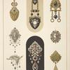 Eight designs for jewelry, including black and gold brooch with tiny watch