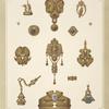 Fourteen designs for jewelry, including gold brooches and pins containing blue stones
