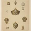 Ten designs for jewelry, including gold pointed bracelet with green stones