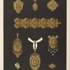 [Nine designs for jewelry, including large gold pendant with green, yellow, and pink flowers.]