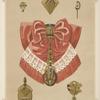 Six designs for jewelry, including gold brooch and pendant with pink and lace bow