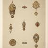 [Nine designs for jewelry, including gold brooch with green stones and word HOPE.]
