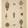 Nine designs for jewelry, including gold brooch with green stones and word HOPE