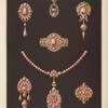Seven designs for jewelry, including bracelets, earrings, and necklace with pink pearls