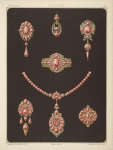 Seven designs for jewelry, including bracelets, earrings, and necklace with pink pearls.