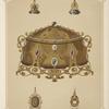 Five designs for jewelry, including gold crown with red and green stones