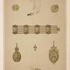 Seven designs for jewelry, including earring in shape of gold sword with ruby hilt.