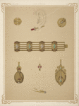 Seven designs for jewelry, including earring in shape of gold sword with ruby hilt