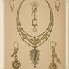 Six designs for jewelry, including large necklace with gold pendant with blue stones