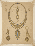 Six designs for jewelry, including large necklace with gold pendant with blue stones.