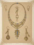 Six designs for jewelry, including large necklace with gold pendant with blue stones