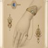 Five designs for jewelry, including bracelet with diamonds and green stones chained to a ring