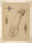 Five designs for jewelry, including bracelet with diamonds and green stones chained to a ring