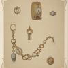 Six designs for jewelry, including gold bracelet with design of lock and two keys