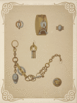 Six designs for jewelry, including gold bracelet with design of lock and two keys