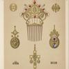 Eight designs for jewelry, including gold comb with red and gray pearls