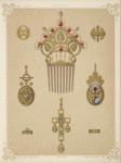 Eight designs for jewelry, including gold comb with red and gray pearls