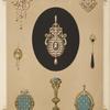 Nine designs for jewelry, including large brooch of pearls and diamonds