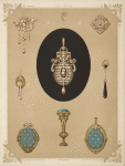 Nine designs for jewelry, including large brooch of pearls and diamonds
