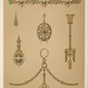 Six designs for jewelry, including gold brooch with central red stone, pearls, and diamonds