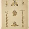 Seven designs for jewelry, including pointed gold armband with blue stones