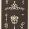 Seven designs for jewelry, including large pearl and diamond brooch.