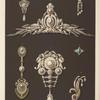 Seven designs for jewelry, including large pearl and diamond brooch