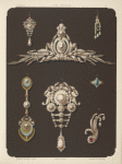 Seven designs for jewelry, including large pearl and diamond brooch
