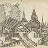 Design of buildings, fences, mountains in background
