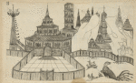Design of building with large courtyard, towers and mountains, bird in foreground