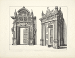 Two designs for elaborate doorways with pilasters and carved entabulatures