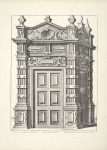 Designs for elaborate doorway and six-panel door with heavy pilasters and scallop design in pediment