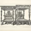 Two designs for four-poster beds with carved figures and faces on headboards, one with sphinxes as supports