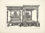 Two designs for four-poster beds with carved figures and faces on headboards, one with sphinxes as supports