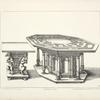 Two designs for tables, one with carved satyrs on base, one with columns and niches on base