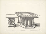 Two designs for tables, one with carved satyrs on base, one with columns and niches on base